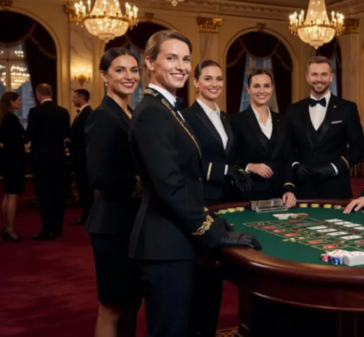 Eleganccy krupierzy i hostessy obsługujący wieczór kasynowy