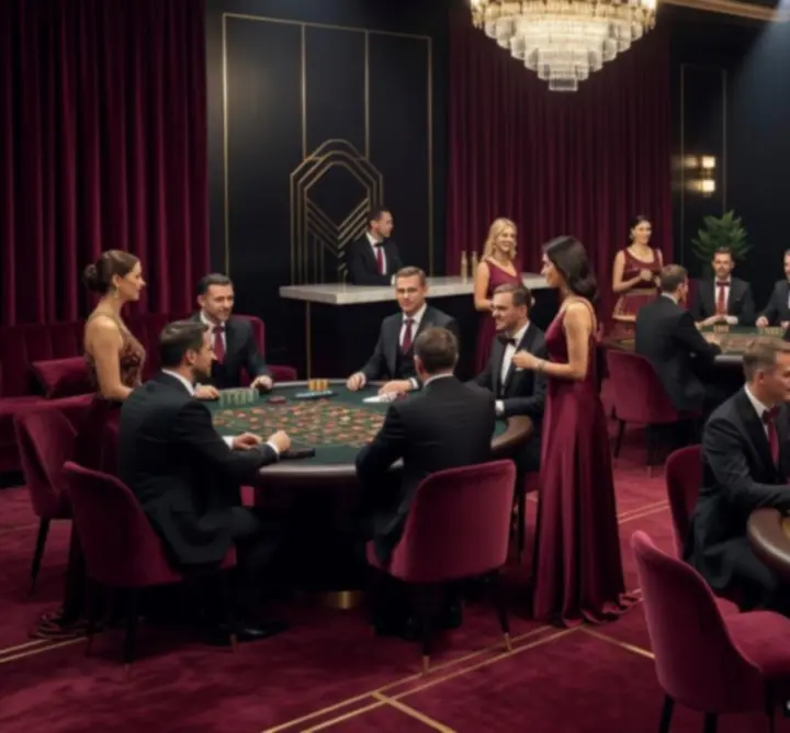 Luksusowa atmosfera kasynowa na eleganckim evencie z gośćmi przy stole do ruletki.
