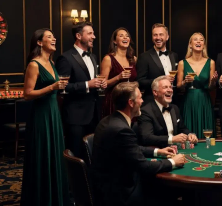 Uśmiechnięci goście w eleganckich strojach podczas eventu kasynowego